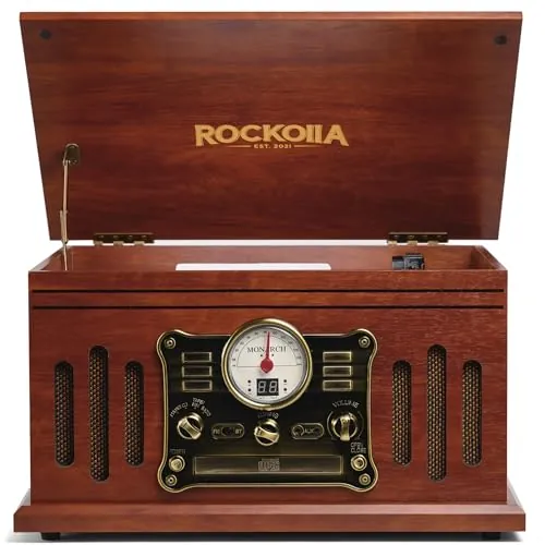 ROCKOLLA - Tocadiscos Retro Bluetooth de Vinilo, Altavoces Estéreo【33/45/78 RPM】 Giradiscos Vintage | Radio FM, Cassette, CD, MP3, USB, SD, Grabadora | Salida RCA/Aux In (Monarch)