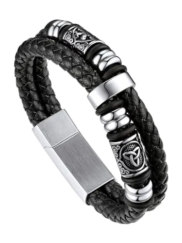 Bandmax Pulsera Cuero de Iman con Dije Vegvisir Nudos Triqueta, Pulsera Cordones Negro Hombre 21cm Doble Capas Cierre Magnetico