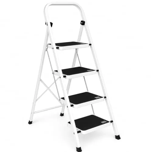 Escalera Plegable de 4 peldaños con Estructura de Acero | Taburete Multifuncional con Superficie Antideslizante y Base Estable | Ligera, portátil y Segura para hogar, Oficina y tareas domésticas