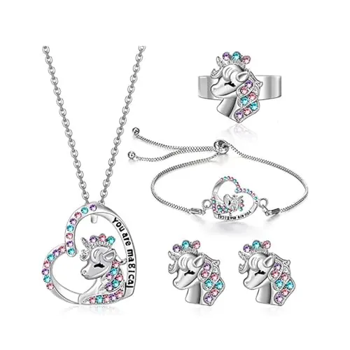 BKEPDY Unicornio Conjunto de Joyas para Niñas Collar Unicornio Niña Pulsera Anillos Pendientes Joyería Princesa Vestir Accesorios Regalos de Cumpleaños
