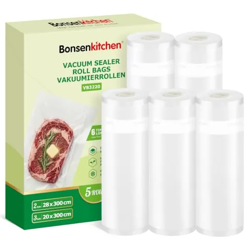 Bonsenkitchen Rollos Bolsas Vacío Alimentos 2×28cm×300cm & 3×20cm×300cm | Película Antiroturas, Compatible Todas Máquinas Vacío, Apto Sous Vide y Microondas, Sin BPA，VB3220