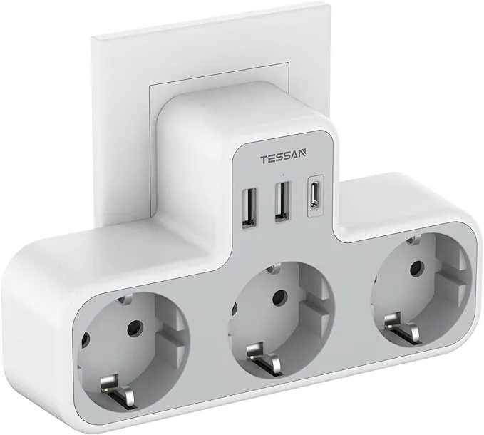 TESSAN Ladron Enchufes Plano con USB C, 6 en 1 Ladrón Enchufes Multiples USB, Triple Cargador Multiple 3600W, Regleta Pared para Oficina, Cocina, Compatible con Móviles, Blanco y Gris