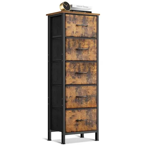 Coleshome Comoda Dormitorio Vintage, Comoda Estrecha con 5 Cajones de Tela | Cómoda Alta con Estructura de Acero Resistente , Tapa de Madera, Ideal para Dormitorio y Salón, 40 x 30 x120 cm