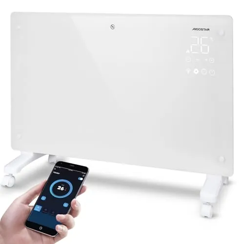 Aigostar Radiador Electrico Bajo Consumo Silencioso, Conexión Wi-Fi, 2000 W | Convector Eléctrico de Vidrio Ultra Fino, 3 Modos y ECO, Temporizador de 24 Horas, Pantalla LED Táctil, Pared o Suelo, Helen