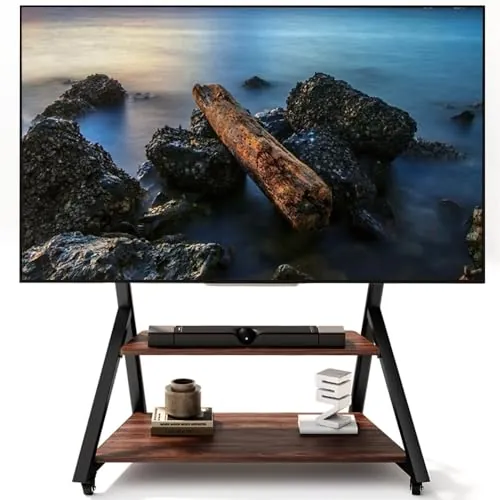 Duiliuu Soporte para TV con Ruedas y Estante de Madera para Pantallas Planas Curvas de 50 a 100 Pulgadas, Carrito para TV de Exterior de Alta Resistencia con Ruedas, con Capacidad para hasta 100 kg