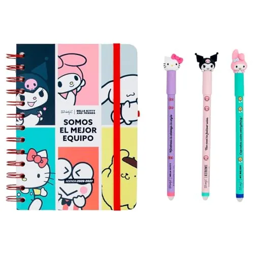 Mr. Wonderful - Set Agenda escolar Hello Kitty 2026-2027 Semanal Pequeña + 3 Bolígrafos Borrables – Planificador Compacto con Pegatinas