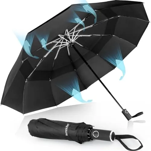 Herreicher Paraguas Plegable Antiviento Hombres Compacto - Resistente al Viento Soporte Ligero Nuevo Paraguas Automático Portátil Compacto de Viaje Paraguas de Golf para Hombre y Mujer (Negro)