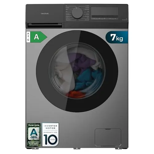 Cecotec Lavadora Carga Frontal 7Kg Bolero DressCode 7450 Inverter Steel, 1200 rpm, 16 programas, Clase A-10%, Motor Inverter Plus, Allergy Care, Pearl Drum, Función Silence, Stop&Go y KidLock, Steel