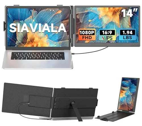 siaviala Monitor Portátil 14" IPS 1080P FHD, Pantalla Portatil Extensible para Laptops 13-17.3", Doble Pantalla para Portátil con USB-C/HDMI, Plug & Play para Mac/Android/Chrome