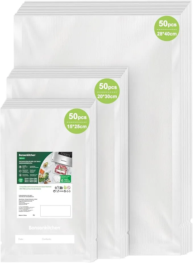 Bonsenkitchen Bolsas Vacio Alimentos 15x25 | 20x30 | 28x40 cm, 50 bolsas por cada tamaño Bolsas Vacio - Bolsa de Vacío Gofradas para Conservación y Cocción Sous Vide & Boilable, VB3215