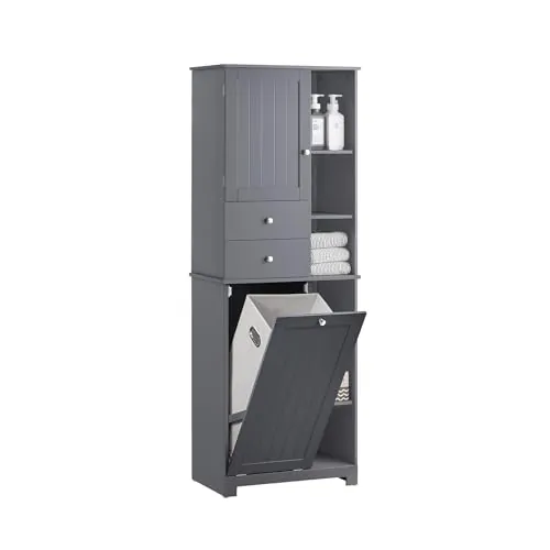 SoBuy Mueble Baño con Cesto Mueble Ropa Sucia Baño Columna Estrecho Alto Armario Lavadero con 6 Estantes y 2 Cajones Gris 60x37x171 cm BZR104-DG