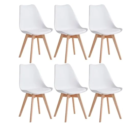 JZGORC Juego de 6 Sillas de Comedor, Sillas de Cocina Nórdicas, Sillas de Oficina con Patas de Haya Maciza para Dormitorio, Sala de Estar, Cocina - Blanco