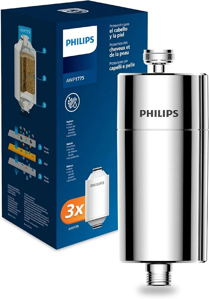 Philips Water Filtro de ducha en línea + 3 cartuchos de repuesto, reduce hasta un 99 % de CLORO, CROMADO, capacidad de filtración de 50 000 L por filtro