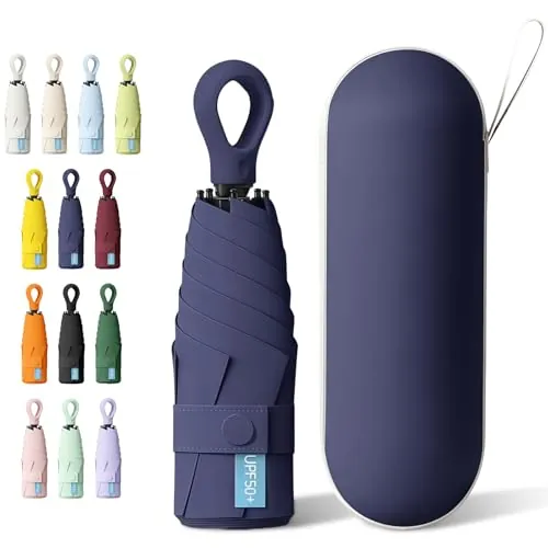 HCQC Paraguas de Viaje Plegable – Ultra Compacto y Portátil, Protección UV 99% e Impermeable – Incluye Estuche tipo Cápsula – Para Hombre y Mujer (Azul marino)