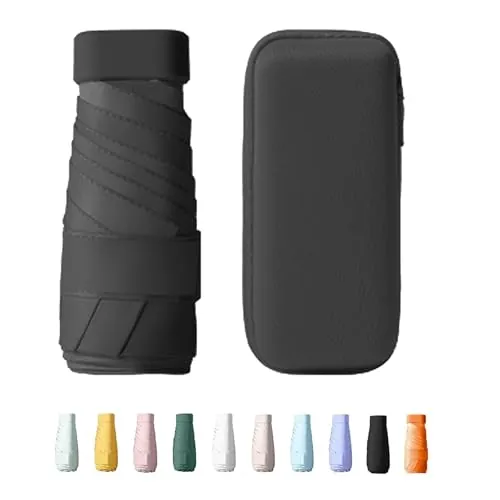 Yanrunce Mini Paraguas Plegable Con Estuche, paraguas de bolsillo, Mini Paraguas de Viaje, Protección UV, Protección Solar, paraguas plegable antiviento de 6 Costillas con organizador (Negro)
