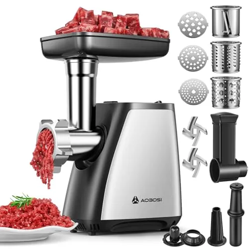 AAOBOSI Picadora de Carne, 4-En-1 Picadora de Carne Eléctrica [2800W Max] con 3 Cuchillas para Cortar, 2 Cuchillas para Desmenuzar, 3 Platos, Rellenador de Salchichas, Kit Kubbe, Acero Inoxidable