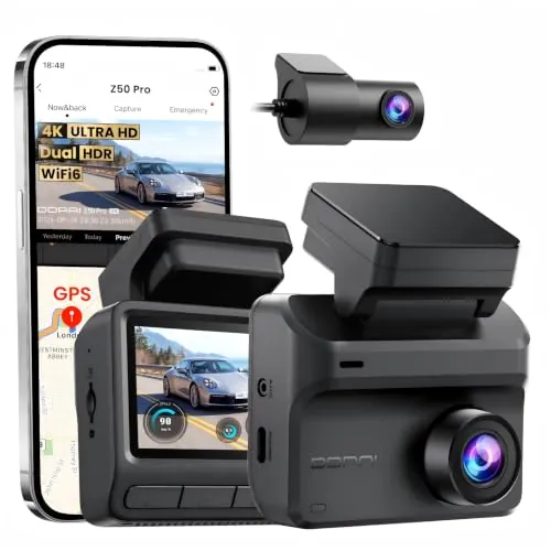 DDPAI Z50 Pro Dashcam, 4K+1080P Dual HDR Cámara Coche Grabadora con Tarjeta de 128 GB, Visión Nocturna AI-ISP, Wi-Fi 6, GPS, 4G LTE Compatible, Modo Estacionamiento 48H, Pantalla IPS de 3'', Sensor G