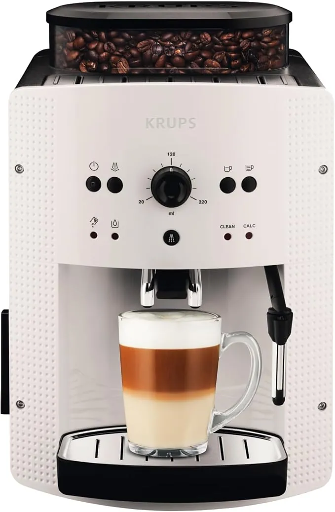 Krups Roma, Cafetera superautomática, Depósito de agua 1,6 L, 3 niveles de temperatura, 3 niveles de intensidad, 15 bares, Molinillo cónico de metal, Panel de control fácil, Blanca, EA8105