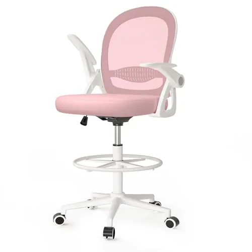 naspaluro Silla de Oficina con Anillo Reposapiés, Silla de Escritorio Ergonómica con Malla Transpirable, Reposabrazos Abatibles, Silla para Ordenador de Altura Regulable, Silla Giratoria de 360°, Rosa