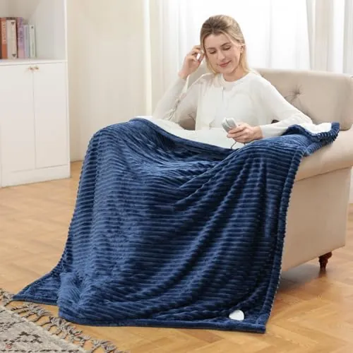 Mantas Eléctrica con Apagado Automático 180x135cm,Franela,Lavable a Máquina | 6 Niveles de Calor,Timer da 1-10Ore,Protección Contra Sobrecalentamiento,Manta Eléctrica para Cama,Hogar y Oficina Azul