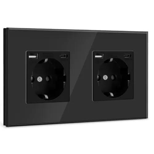 BSEED Doble Enchufe de Pared USB(Max. 2.1A) con Tipo C Port,Negro Schuko Enchufe,Toma de Corriente con 2 x Cargadores USB y Tipo C Adecuado para Smartphone MP3 Tablet,para Cocina,Dormitorio