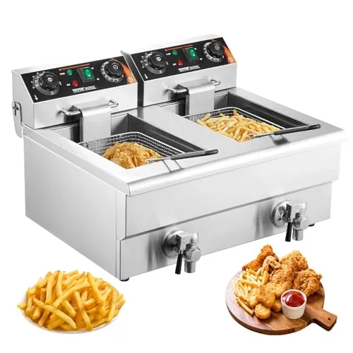 VEVOR Freidora Eléctrica Comercial 3000 W 2 Tanques 2 x 11 L, Freidora de Aceite de Acero Inoxidable con 2 Cestas para Freír Temperatura y Tiempo Ajustables, para Aros de Cebolla, Patatas Fritas