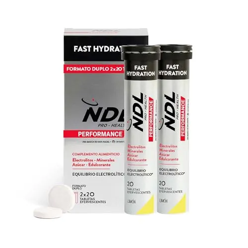 NDL Pro-Health Electrolitos - Tabletas efervescentes de hidratación rápida, electrolitos y sales minerales para el deporte, disminuye el cansancio y la fatiga - Sabor Limón - Pack 2-40 tabletas