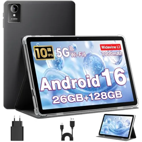 Tableta 10 Pulgadas, Tableta Android 16 en Funda, CPU Unisoc T606, 26 GB RAM + 128 GB ROM + 1 TB TF, Pantalla HD IPS 1280x800, Batería 7000 mAh, Cámara Dual, WiFi 6, BT 5.0, Widevine L1, GPS (K50)