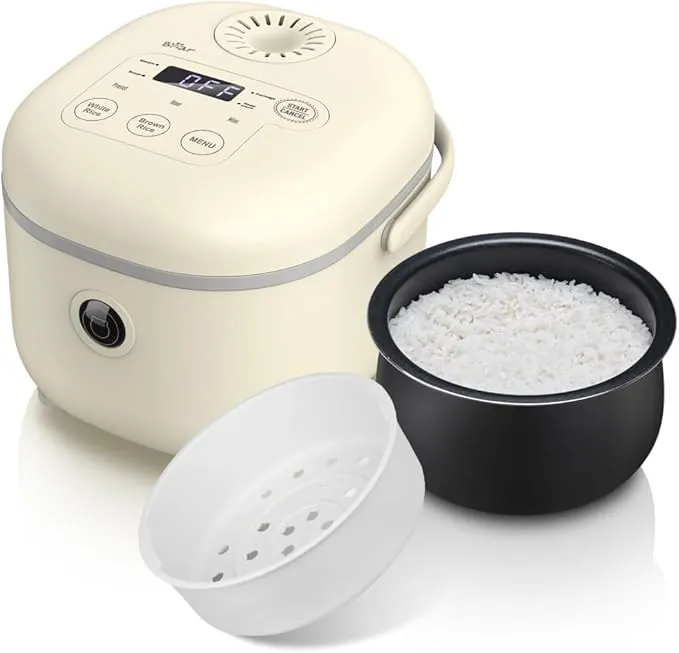Bear Arrocera de 3,5 Tazas (sin cocer) con Vaporera, Mini Rice Cooker Multifuncional de 350W, 6 Funciones de Cocción de arroz para 2-4 Personas