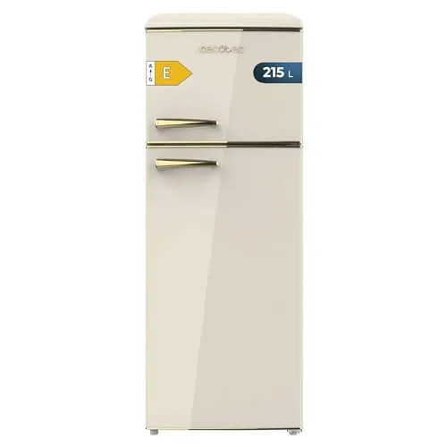 Cecotec Frigorífico 2 Puertas Retro de 215 L Bolero CoolMarket 2D Origin 215 Beige E. Altura 148,2 cm y 55,2 cm de Ancho, Luz, Tirador Gold, Bandejas Cristal, Control de Temperatura, Beige