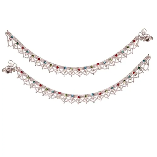 Touchstone Tobilleras indias Bollywood hechas a mano con diamantes de imitación multicolor, estilo de sonido dulce, definición, joyería de diseñador, Payal Paazeb en tono plateado para mujer.,