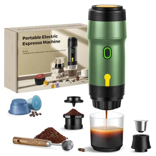 ICARE Cafetera Portatil Capsulas, Espresso Machine 3 en 1, 20BAR Presión, 92°C Extracción, Batería 7500mAh, Carga USB/Coche, para Café Molido y Cápsulas Pequeña/Grande (Verde)