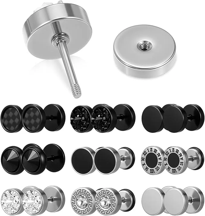 Juego de 9 pares de pendientes de túnel falso, pendientes de acero inoxidable plateados y negros, con tornillo redondo, 8 mm para hombre y mujer