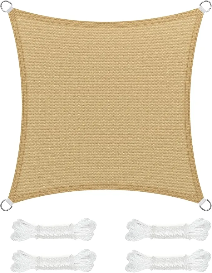 SONGMICS Vela de Sombra de 3 x 3 m, Tejido HDPE de Protección Solar, Transpirable, Permeable al Agua, Terraza, Jardín, Balcón, Camping, Cuadrada, Cóncava, Cuerdas de 2 m, Amarillo Arena GSS33EYV1