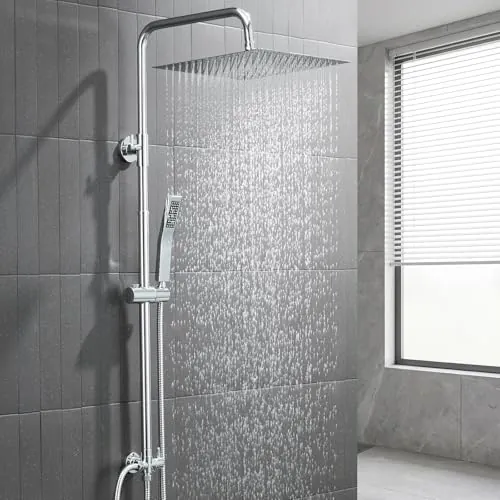 Auralum Columna Ducha sin Grifo, Set de Ducha con Cabezal de Ducha Lluvia 30×30 cm Cuadrado Acero Inoxidable, Alcachofa, Barra de Ducha Altura Regulable 68-108cm,válvula desviadora de Latón,Cromo