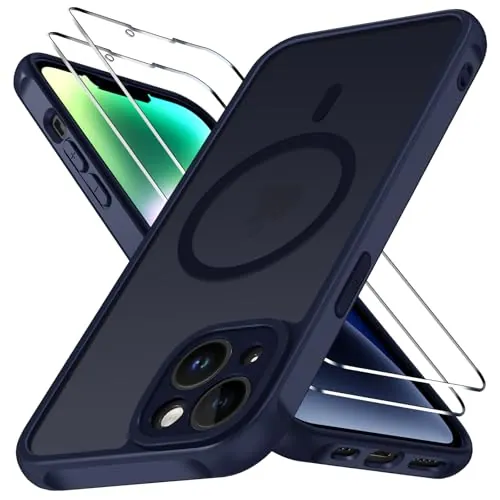 ivoler Funda Magnética para iPhone 14 con 2 Piezas Cristal Templado, Compatible con MagSafe, [Protección Militar] Protectora Antiarañazos Translúcida Mate Silicona Case, Azul Oscuro