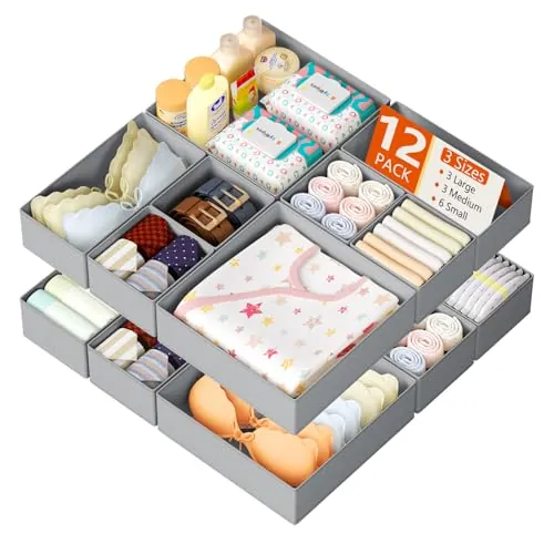 DJMJ Organizador de Cajones Ropa Interior - Juego de 12 Cajas de Almacenaje Plegables de Tela No Tejida, Organizador Cajones para Calcetines, Bebe Ropa, Sujetadores, Gris Claro