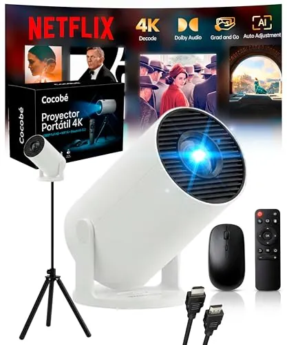 COCOBÉ Proyector Portatil Compatible con 4k con Trípode Incluido, App Integrada, Ratón, Cable HDMI y Mando - Mini Proyector Portatil con Decodificación Full HD 1080P Enfoque Automático y Cine en Casa