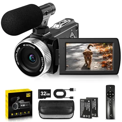 Cámara de Vídeo 4K Videocámara 48 MP con Enfoque Automático, Digitalzoom 18x, Pantalla Giratoria de 3.0'' y 270° Camara Vlogging para YouTube, Tarjeta de 32 GB, Micrófono, Control Remoto, 2 Baterías