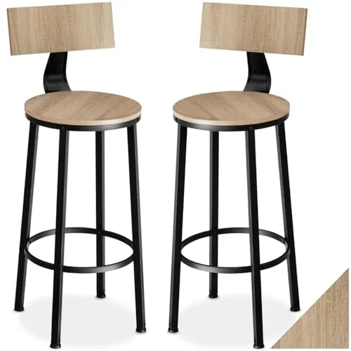 tectake® Taburete con Respaldo, Taburete Alto Cocina con Estructura de Acero, Taburetes Madera para Isla Cocina Resistentes, Sillas de Comedor - Set de 2 Madera Industrial Clara, Roble Sonoma
