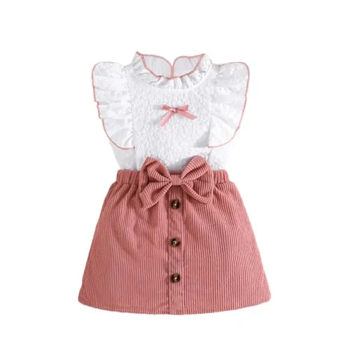 LUVCES Conjuntos de Ropa para Niñas Pequeñas, Blusa Sin Mangas con Volantes y Minifalda con Lazo y Botones 2 Piezas Elegante Verano Trajes Rosa 2-3 Años