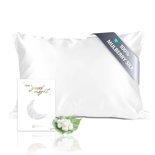 TOWNSSILK - Funda de Almohada 100% de Seda de Morera, cuida el Cabello y la Piel, Ambos Lados de Seda de 19 Momme, 1 Unidad,Blanco， 50 x 75 cm