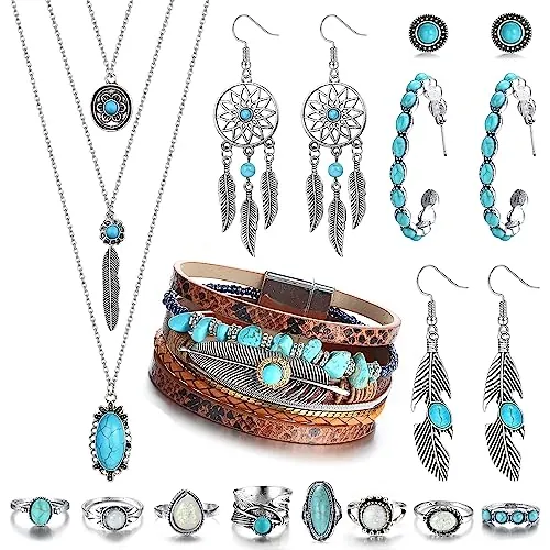 JeweBella Bohemia Turquesa Juego Joyas para Mujer Bohemio Collar Colgante Pendientes de Plumas Turquesa Boho Cuentas Cuero Pulsera Nudillo Anillo Apilable Conjuntos de Bohemia Occidental Joyería