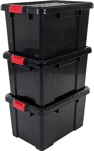 Iris Ohyama, Juego de 3 cajas de almacenamiento para bricolaje, 50 L, con cierre a presión, apilable, garaje - Power Box SK-450 - Negro