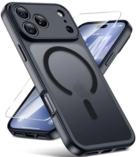 FLLAO Funda para iPhone 18 Pro / 17 Pro 6.3', Compatible con MagSafe, Negro | 2 Piezas Protector de Pantalla Cristal Templado, [Protección de Cámara] Magnética Translúcida Mate Carcasa