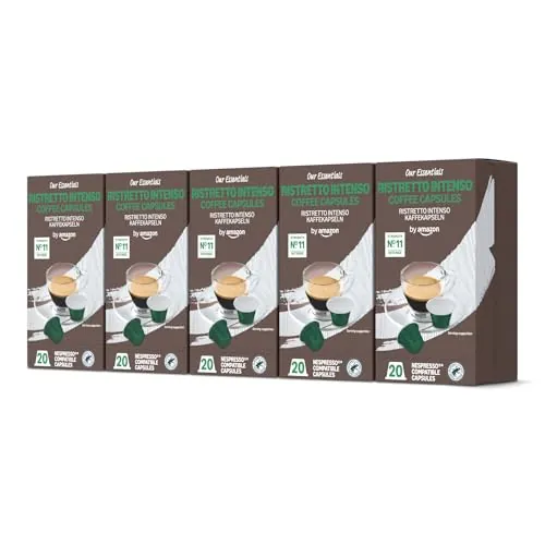 by Amazon Ristretto Intenso Cápsulas de Café Compatibles con Nespresso, 100 Cápsulas (5 Paquetes x 20) - Certificado Rainforest Alliance