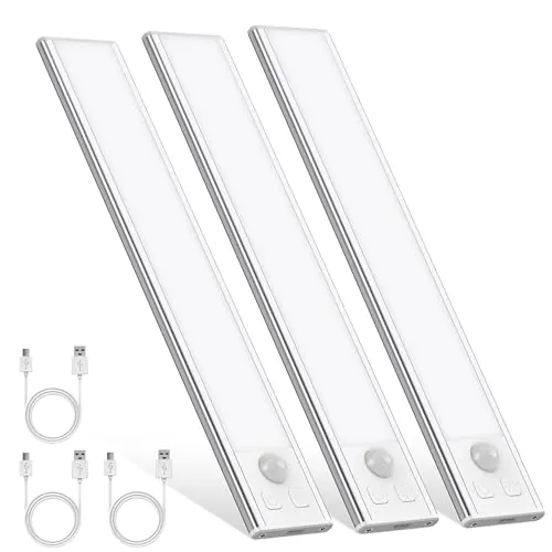 OUILA Luz de Armario con Sensor Movimiento 20.5CM Recargable Luz Nocturna,6000K Regulable Lampara LED Adhesiva para Gabinete, Pasillo, Escalera, Sótano, Cocina, Garaje- 3Packs