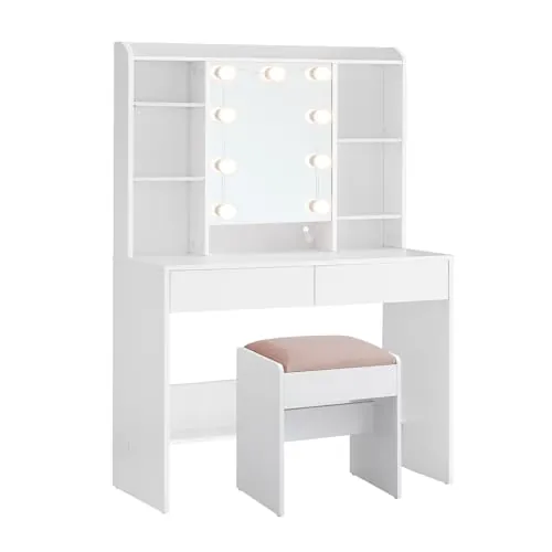VASAGLE Tocador con 9 Luces LED, Taburete Tapizado, Moderno | 3 Colores con Luminosidad Regulable, para Dormitorio, Blanco Nube, Blanco Mate y Rosa Jalea