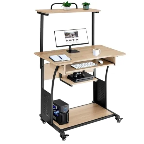 tectake® Mesa Ordenador, Madera y Acero, 3 Niveles de Almacenamiento, Escritorio pc, Muebles Oficina, Mesa Escritorio - 80 x 65,5 x 130,5 cm Madera Industrial Clara, Roble Sonoma