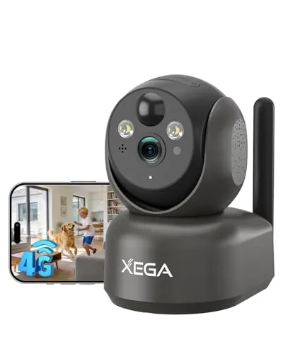 Xega 4G LTE Cámara Vigilancia sin WiFi Interior con Tarjeta SIM,Cámara PTZ | 7800mAh Batería Recargable,PTZ, 2K HD Visión Nocturna a Color,Detección de PIR,Audio Bidireccional,Nube/Tarjeta TF,IP65